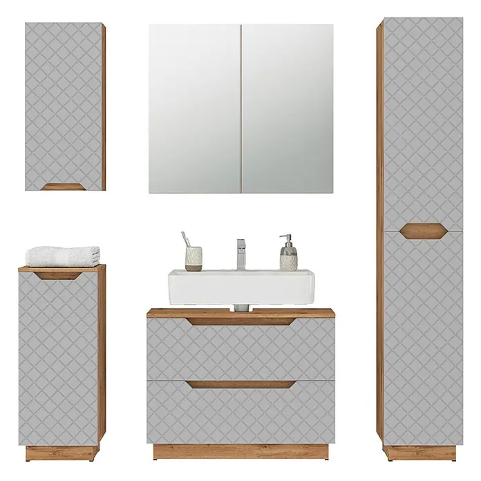 Vicco Badmöbel-Set Lotta Grau 5 Teile - Grau, Matt - Komplettes Badmöbel-Set mit grauen gemusterten Fronten und Holzdetails, inklusive Waschtisch, Spiegelschrank und Schränken.