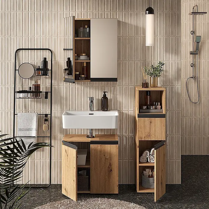 Vicco Badmöbel-Set Torren Artisan 3 Teile,mit Midischrank - Artisan-Eiche, Matt - Modernes Badmöbel-Set aus Holz mit weißem rechteckigem Waschbecken, Spiegelschrank und hohem Stauraumschrank, alle mit schwarzen Akzenten.
