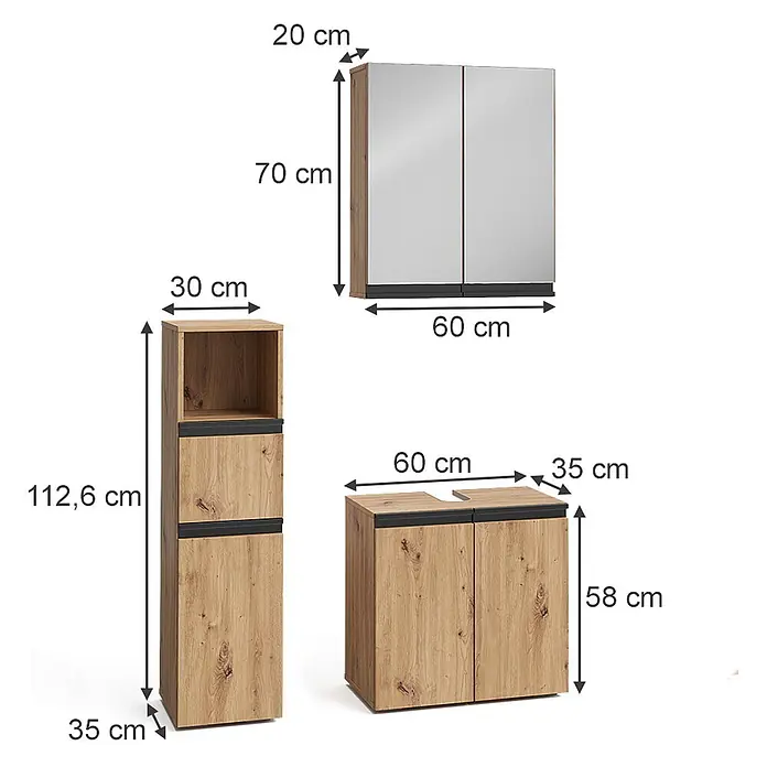 Vicco Badmöbel-Set Torren Artisan 3 Teile,mit Midischrank - Artisan-Eiche, Matt - Drei Badezimmerschränke in heller Holzoptik: ein Spiegelschrank, ein Hochschrank und ein Waschtischunterschrank, alle mit schwarzen Akzenten.