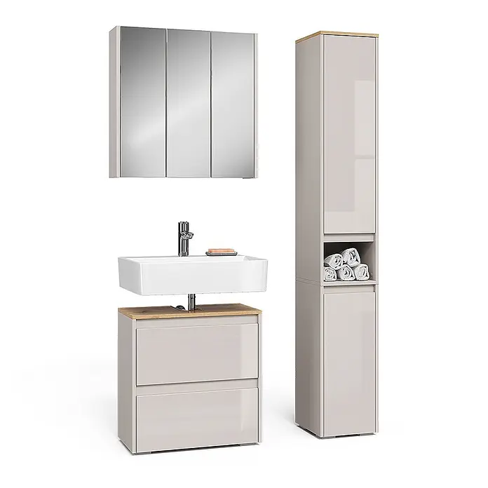 Vicco Badmöbel-Set Majest Cashmere 3 Teile - Cashmere, Matt - Badezimmermöbelset in Hellgrau mit Holzdetails, bestehend aus Spiegelschrank, Waschbecken mit Armatur, Unterschrank und hohem Stauraumschrank mit offenem Fach.