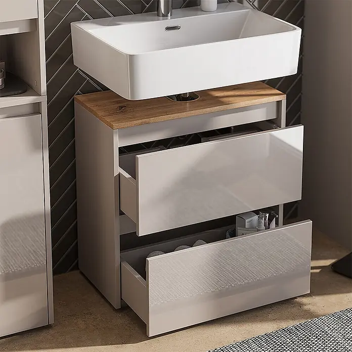 Vicco Badmöbel-Set Majest Cashmere 3 Teile - Cashmere, Matt - Moderner Waschtischunterschrank mit weißem Becken, Holzplatte und zwei glänzenden hellgrauen Schubladen leicht geöffnet.
