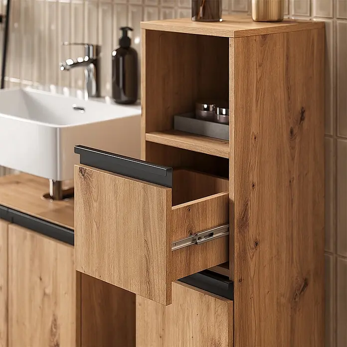 Vicco Badmöbel-Set Torren Artisan 3 Teile,mit Midischrank - Artisan-Eiche, Matt - Badezimmermöbel aus Holz in Eichenoptik, offene Schublade mit schwarzem Griff, weißes Waschbecken und Schrankstauraum.