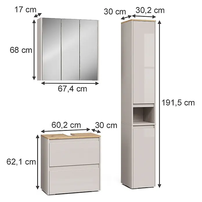 Vicco Badmöbel-Set Majest Cashmere 3 Teile - Cashmere, Matt - Hellesgraues Badmöbel-Set mit Maßen: Spiegelschrank, Waschtischunterschrank mit Holzplatte und Hochschrank.