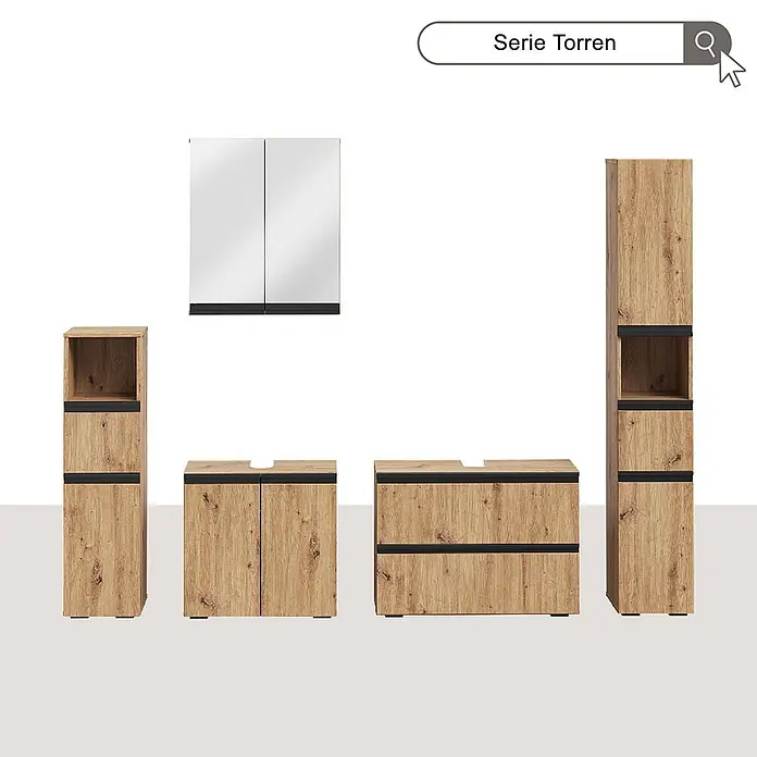 Vicco Badmöbel-Set Torren Artisan 3 Teile,mit Midischrank - Artisan-Eiche, Matt - Badezimmermöbel-Set in Holzoptik mit schwarzen Akzenten, inklusive Spiegelschrank, Hochschränken und Waschtischunterschränken.