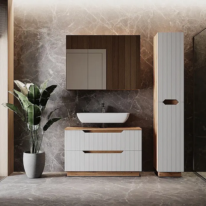 Vicco Badmöbel-Set Lotta Weiß 3 Teile - Weiß, Matt - Moderner Badunterschrank und Hochschrank mit weißen Lamellenfronten und Holzdetails, dazu weißes Aufsatzwaschbecken und Spiegelschrank.