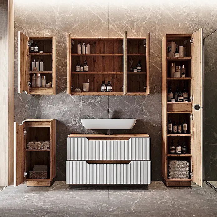 Vicco Badmöbel-Set Lotta Weiß 3 Teile - Weiß, Matt - Modernes Badezimmermöbel-Set mit weißem, rechteckigem Waschbecken, Holzschränken und weißen geriffelten Schubladenfronten.