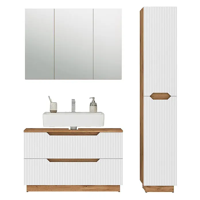 Vicco Badmöbel-Set Lotta Weiß 3 Teile - Weiß, Matt - Badezimmermöbel-Set: weiß gerippter Waschtisch mit Waschbecken, Spiegelschrank und Hochschrank, akzentuiert mit Naturholz.