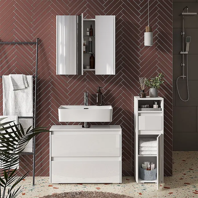 Vicco Badmöbel-Set Majest Weiß Hochglanz 3 Teile - Weiß Hochglanz, Matt - Weißes Hochglanz Badmöbel-Set mit rechteckigem Waschbecken, Spiegelschrank und hohem Stauraumschrank in einem modernen Bad.