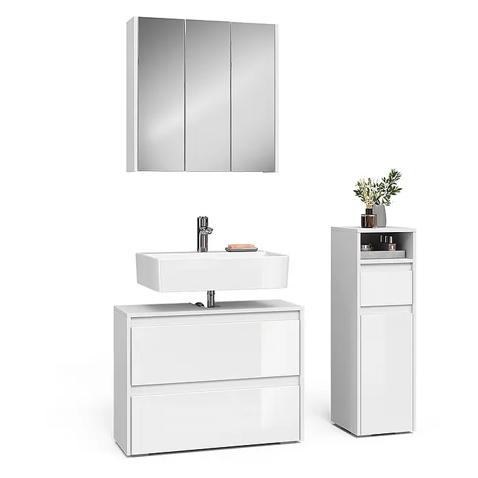 Vicco Badmöbel-Set Majest Weiß Hochglanz 3 Teile - Weiß Hochglanz, Matt - Weißes, glänzendes Badezimmermöbel-Set mit Spiegelschrank, Waschbecken, Unterschrank mit zwei Schubladen und hohem Hochschrank.