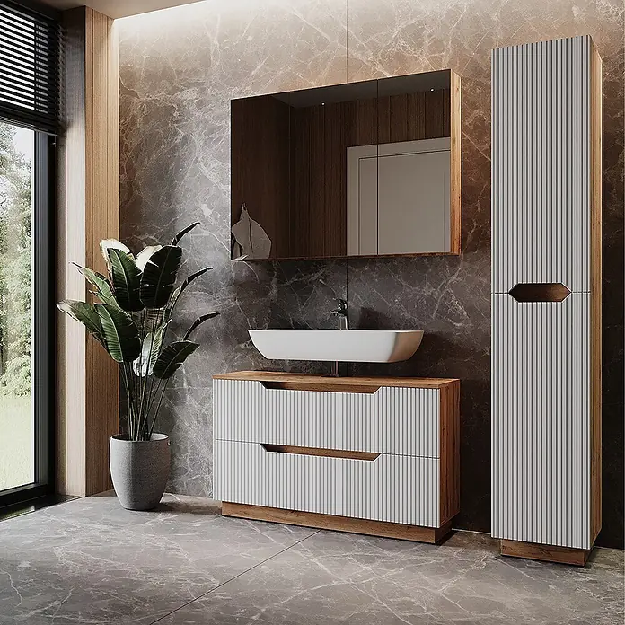 Vicco Badmöbel-Set Lotta Weiß 3 Teile - Weiß, Matt - Modernes Badmöbel-Set mit weiß gerippter Front und Holzrahmen, bestehend aus Waschtischunterschrank und Hochschrank, und Aufsatzwaschbecken.