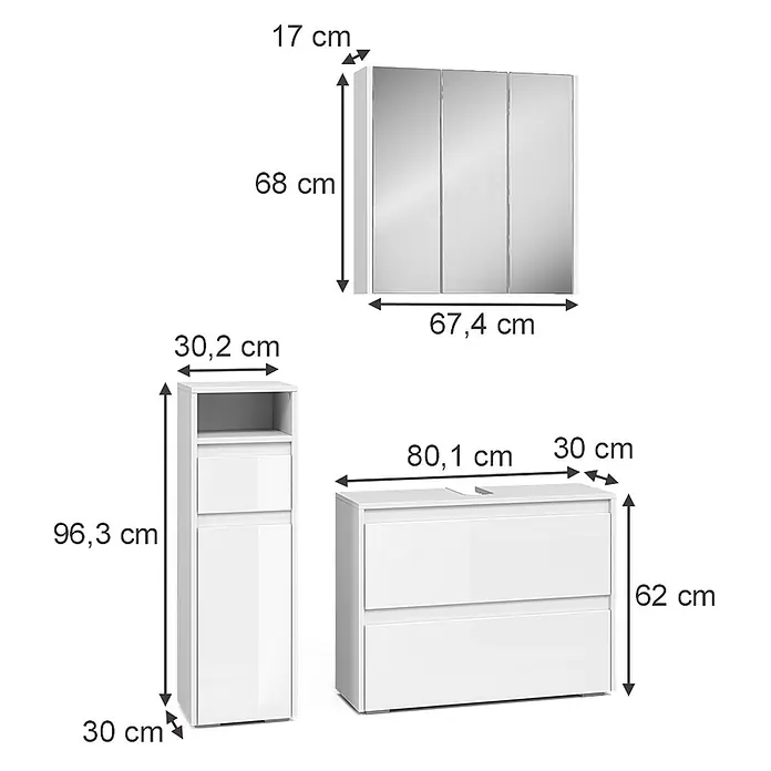Vicco Badmöbel-Set Majest Weiß Hochglanz 3 Teile - Weiß Hochglanz, Matt - Set weißer Badmöbel: Spiegelschrank, Hochschrank und Waschtischunterschrank mit Schubladen, alle bemaßt.