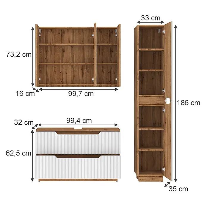Vicco Badmöbel-Set Lotta Weiß 3 Teile - Weiß, Matt - Möbelset aus dunklem Holz und Weiß: ein Wandregal, ein Sideboard mit zwei Schubladen und ein hoher Schrank.