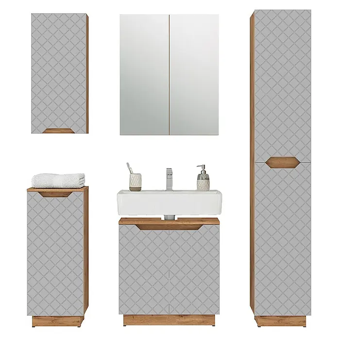 Vicco Badmöbel-Set Lotta Grau 5 Teile - Grau, Matt - Badmöbel-Set: Hellgraue gemusterte Schränke mit Holzdetails, inklusive Waschtischunterschrank, Spiegelschrank und Hochschränken.