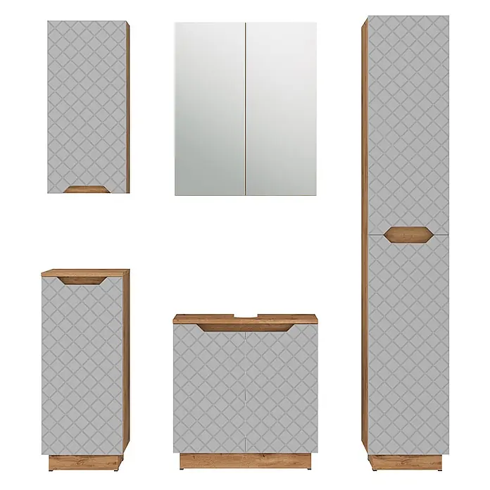 Vicco Badmöbel-Set Lotta Grau 5 Teile - Grau, Matt - Helles Badezimmermöbel-Set mit geometrischem Muster und Holzdetails, inklusive Spiegelschrank, Wand- und Unterschränken.