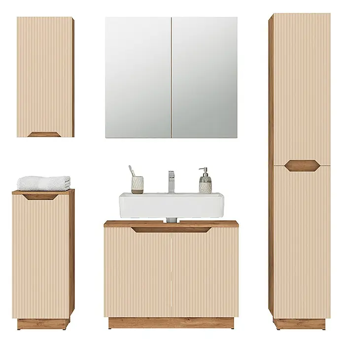 Vicco Badmöbel-Set Lotta Cashmere 5 Teile - Cashmere, Matt - Beiges geripptes Badezimmermöbelset mit Holzdetails, bestehend aus Spiegelschrank, Waschtisch und Schränken.