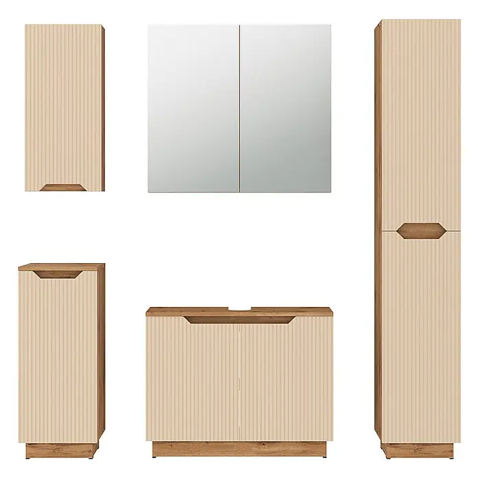 Vicco Badmöbel-Set Lotta Cashmere 5 Teile - Cashmere, Matt - Komplettes Badmöbel-Set mit heller Holzoptik und gerippten beigen Fronten, inklusive Waschtisch, Spiegelschrank und Aufbewahrungseinheiten.