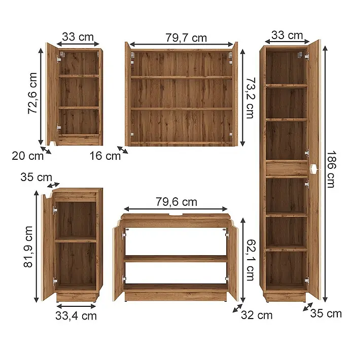 Vicco Badmöbel-Set Lotta Cashmere 5 Teile - Cashmere, Matt - Braune Holzoptik-Schränke in verschiedenen Größen mit offenen Türen, zeigen Regalböden und Maße.