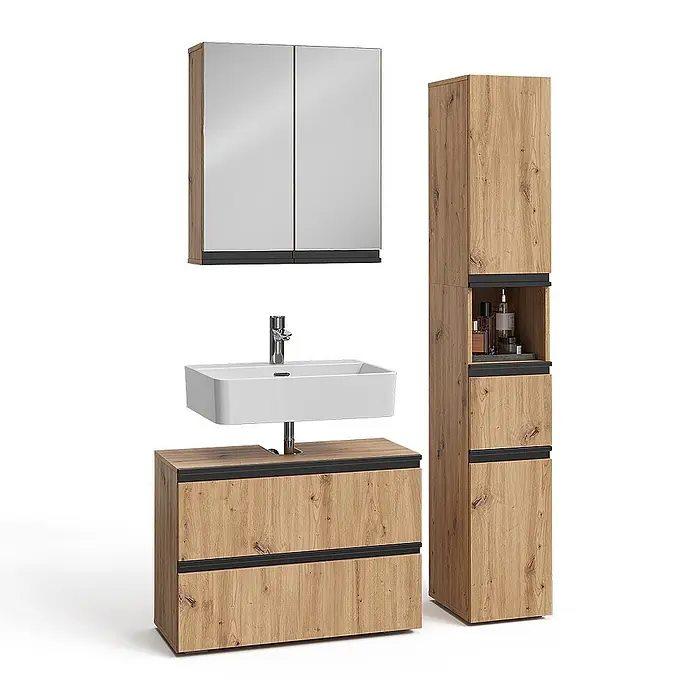 Vicco Badmöbel-Set Torren Artisan 3 Teile,mit Hochschrank - Artisan-Eiche, Matt - Badezimmermöbel-Set aus hellem Holz mit schwarzen Akzenten: Spiegelschrank, Waschtischunterschrank mit weißem Waschbecken und Hochschrank.