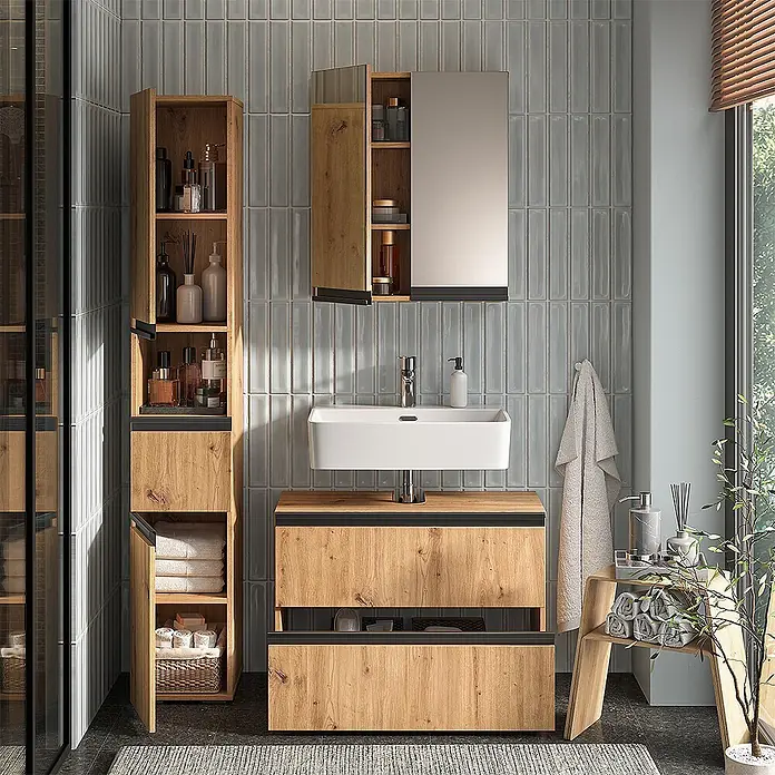 Vicco Badmöbel-Set Torren Artisan 3 Teile,mit Hochschrank - Artisan-Eiche, Matt - Modernes Badezimmermöbel-Set aus hellem Holz mit schwarzen Akzenten, bestehend aus Hochschrank, Waschtisch mit Waschbecken und Spiegelschrank.