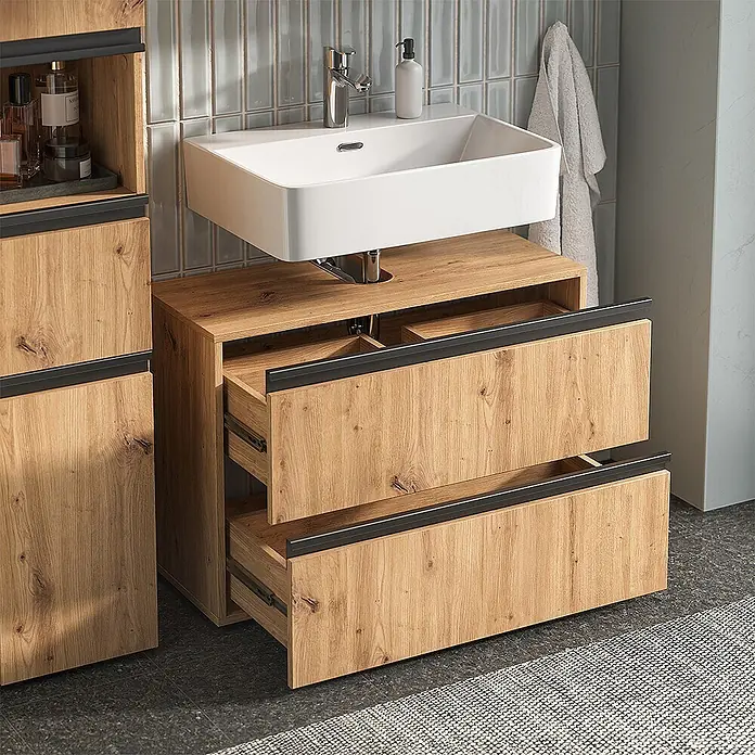 Vicco Badmöbel-Set Torren Artisan 3 Teile,mit Hochschrank - Artisan-Eiche, Matt - Badmöbel in Holzoptik mit weißem Waschbecken und zwei geöffneten Schubladen, daneben ein passender Hochschrank.