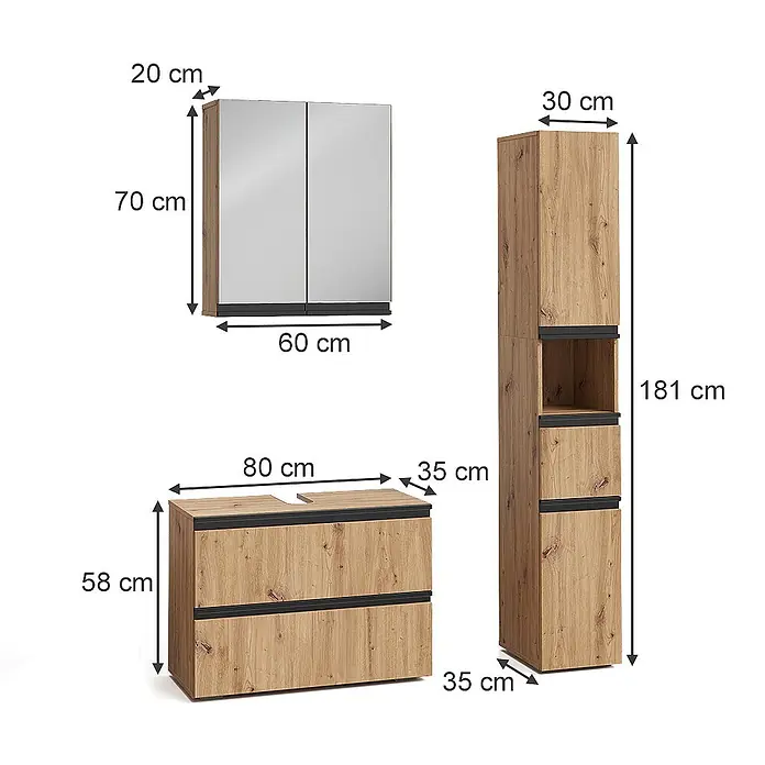 Vicco Badmöbel-Set Torren Artisan 3 Teile,mit Hochschrank - Artisan-Eiche, Matt - Set aus hellem Badmöbeln: Spiegelschrank, Waschtischunterschrank und hoher Schrank mit schwarzen Akzenten.