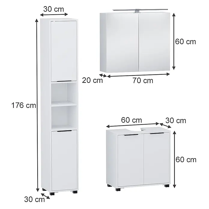 Vicco Badmöbel-Set Alina Weiß 3 Teile - Weiß, Sonstiges - Set aus drei weißen Badschränken: ein Hochschrank, ein Spiegelschrank und ein Waschtischunterschrank, mit Maßen.