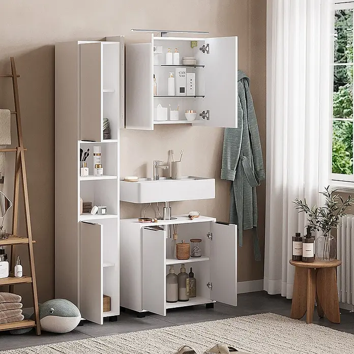 Vicco Badmöbel-Set Alina Weiß 3 Teile - Weiß, Sonstiges - Weißes Badezimmer-Aufbewahrungsset: Hochschrank, Spiegelschrank und Waschtischunterschrank mit Waschbecken für Ordnung.