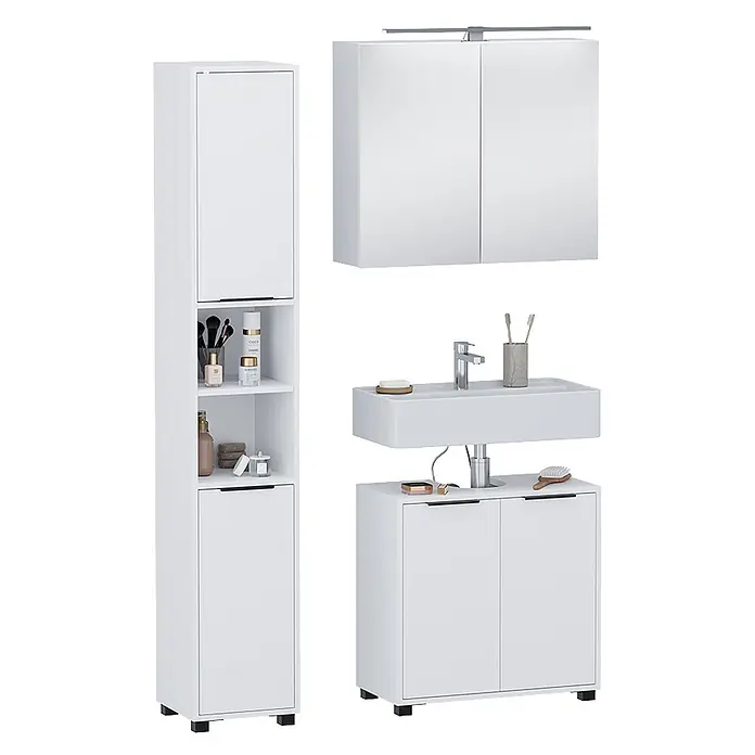 Vicco Badmöbel-Set Alina Weiß 3 Teile - Weiß, Sonstiges - Weißes Badmöbel-Set: Hochschrank, Spiegelschrank mit Beleuchtung, Waschbecken mit Unterschrank.