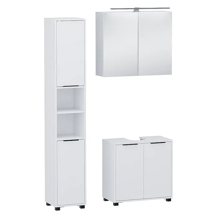 Vicco Badmöbel-Set Alina Weiß 3 Teile - Weiß, Sonstiges - Weißes Badmöbel-Set mit Hochschrank, Spiegelschrank mit Beleuchtung und Waschtischunterschrank.