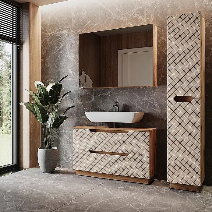 Vicco Badmöbel-Set Lotta Cashmere 3 Teile - Cashmere, Matt - Beige Badezimmer-Waschtisch und Hochschrank mit Rautenmuster und Holzdetails.
