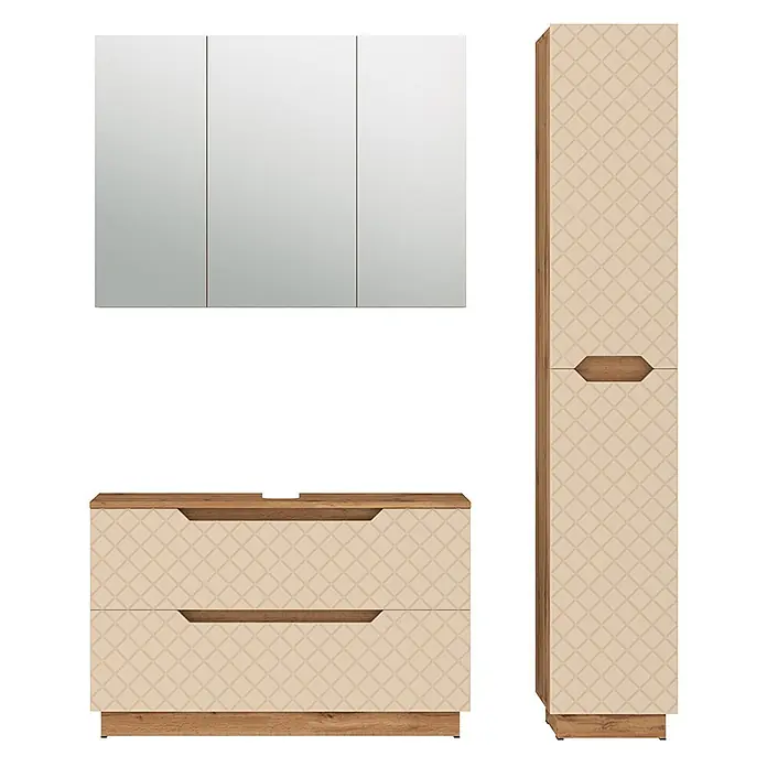 Vicco Badmöbel-Set Lotta Cashmere 3 Teile - Cashmere, Matt - Beiges Badmöbel-Set mit Rautenmuster und Holzdetails: Spiegelschrank, Waschtischunterschrank und Hochschrank.