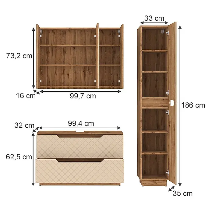 Vicco Badmöbel-Set Lotta Cashmere 3 Teile - Cashmere, Matt - Set aus drei holzfarbenen Möbelstücken: ein Wandregal, eine Kommode mit gemusterten Fronten und ein hoher Schrank mit Tür, alle mit Maßen.