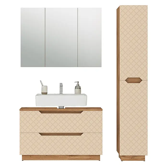 Vicco Badmöbel-Set Lotta Cashmere 3 Teile - Cashmere, Matt - Badezimmermöbel: hellbeige gemusterte Möbel mit Holz-Akzenten, Spiegelschrank, Waschtisch mit Schubladen und Hochschrank.