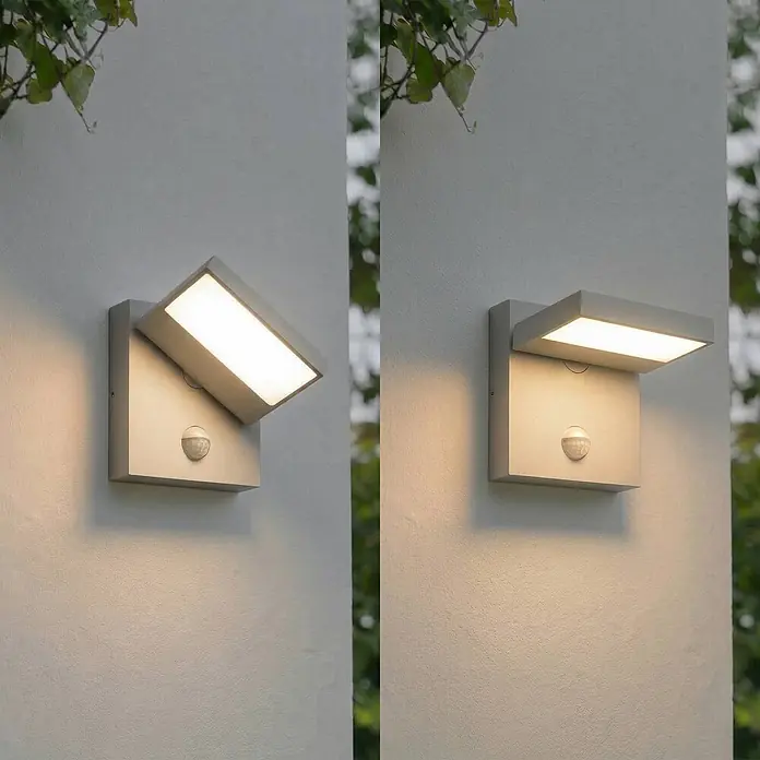 Lucande Außenwandleuchte Silvan - alu / grau / zink, alu / grau / zink, IP54 - Verstellbare graue LED-Außenwandleuchte mit Bewegungssensor.
