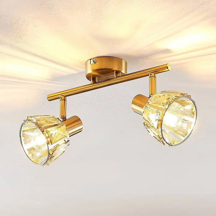 Lindby Deckenleuchte Kosta - messing / gold, E14 - Deckenstrahler aus Messing mit zwei verstellbaren, kristallverzierten Lampen.