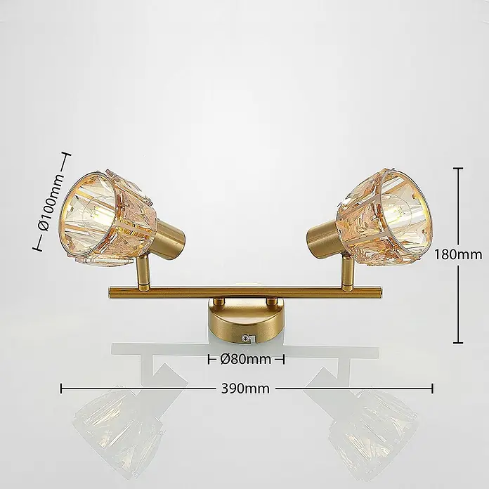 Lindby Deckenleuchte Kosta - messing / gold, E14 - Zwei goldfarbene Wand- oder Deckenstrahler mit dekorativen Kristallfassungen, montiert auf einer horizontalen Stange.