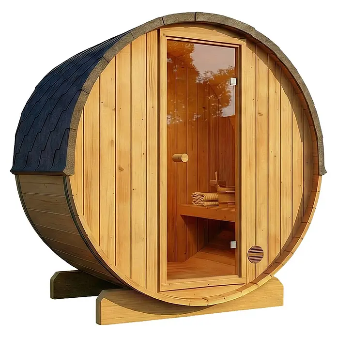 FinnTherm Fasssauna Mini XXS - Holz - Hölzerne Fasssauna mit Glastür und dunklem Schindeldach.