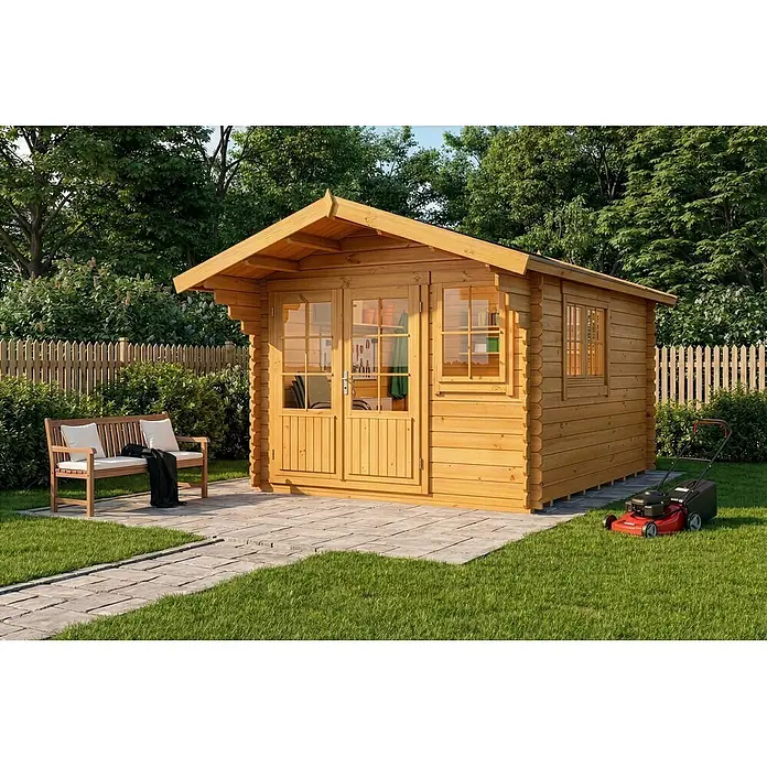 Alpholz Gartenhaus Gabriel 300 x 400 cm - Außenmaß inkl. Dachüberstand (B x T): 338 x 467 cm, Holz, Pinie - Helles Holz Gartenhaus mit Doppeltür und Fenster in einem Garten, ideal als Stauraum oder kleiner Arbeitsplatz.