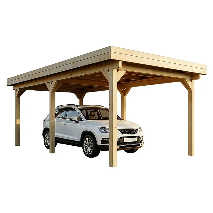 Alpholz Carport Olaf - Außenmaß inkl. Dachüberstand (B x T): 3 x 6 m, Einzelcarport, Naturbelassen - Robustes Holzcarport, das einem weißen SUV Schutz bietet.