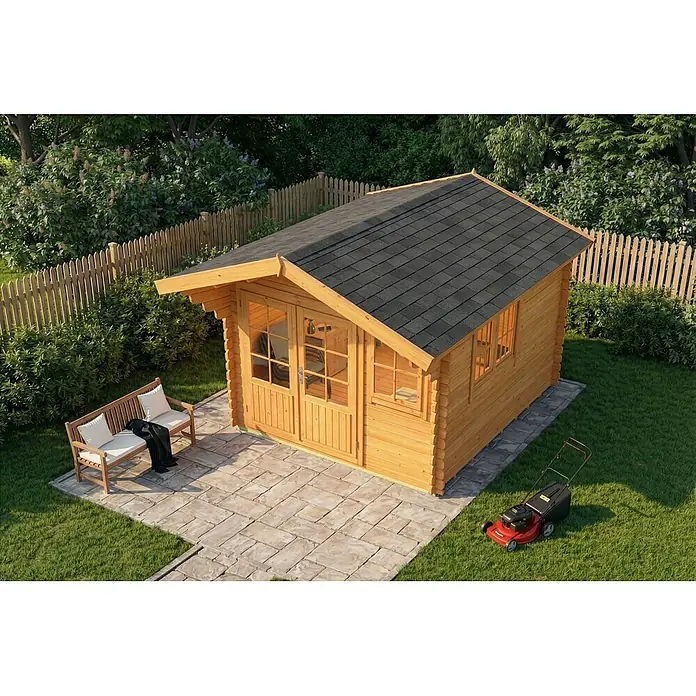 Alpholz Gartenhaus Gabriel 300 x 400 cm - Außenmaß inkl. Dachüberstand (B x T): 338 x 467 cm, Holz, Pinie - Ein kleiner Holzgartenpavillon mit dunklem Schindeldach, Doppeltüren und Fenstern, auf einer Steinterrasse mit Bank und Rasenmäher.
