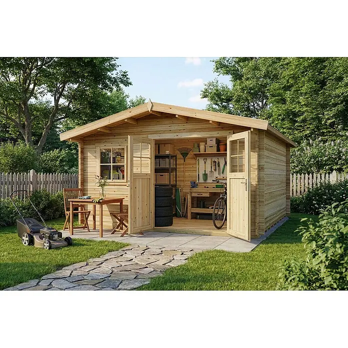 Alpholz Gartenhaus Valeria - Außenmaß inkl. Dachüberstand (B x T): 438 x 427 cm, Holz, Naturbelassen - Heller Holzgeräteschuppen in einer natürlichen Umgebung, ausgestattet mit Werkzeugen, einer Werkbank und Lagerregalen.