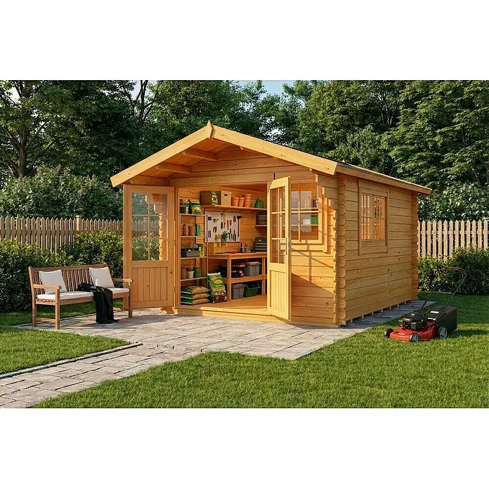 Alpholz Gartenhaus Gabriel 300 x 400 cm - Außenmaß inkl. Dachüberstand (B x T): 338 x 467 cm, Holz, Pinie - Helles Holzgartenhaus mit offenen Türen, die ein organisiertes Interieur für Gartengeräte und Zubehör offenbaren, auf einer Terrasse in einem üppigen Garten.