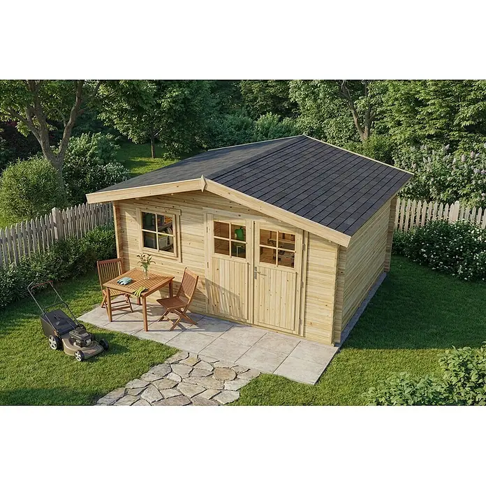Alpholz Gartenhaus Valeria - Außenmaß inkl. Dachüberstand (B x T): 438 x 427 cm, Holz, Naturbelassen - Hellholz-Gartenhaus mit dunklem Schindeldach, Terrasse und Rasenmäher in üppiger Gartenumgebung.