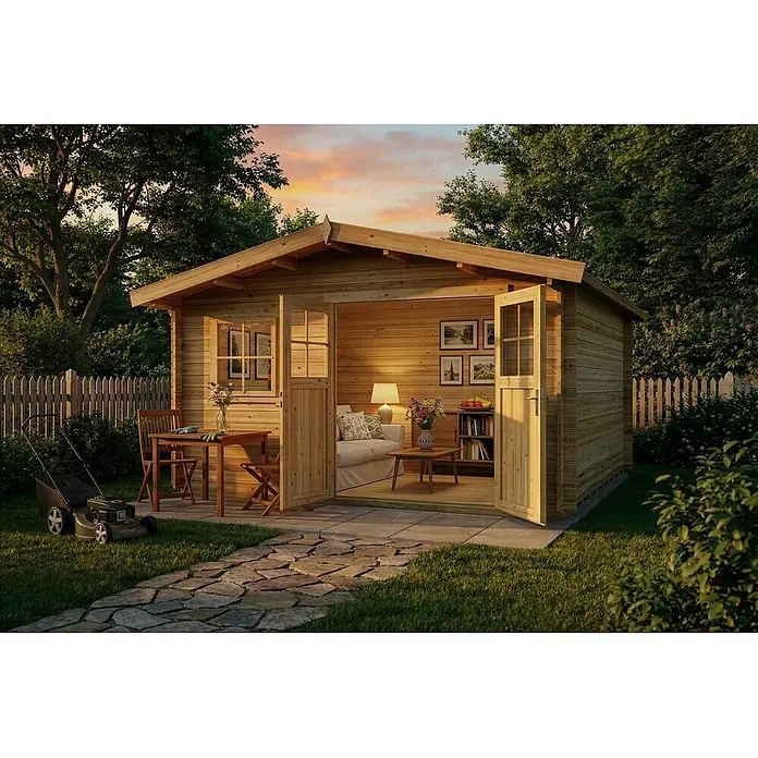 Alpholz Gartenhaus Valeria - Außenmaß inkl. Dachüberstand (B x T): 438 x 427 cm, Holz, Naturbelassen - Helles Holzgartenhaus mit offenen Türen, als gemütlicher Wohnraum eingerichtet.
