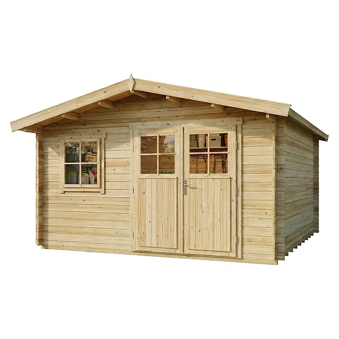 Alpholz Gartenhaus ECO Set Valeria - Außenmaß inkl. Dachüberstand (B x T): 438 x 427 cm, Holz, Naturbelassen - Leichter Holz-Gartenschuppen mit Giebeldach, einem Fenster und Doppeltüren.