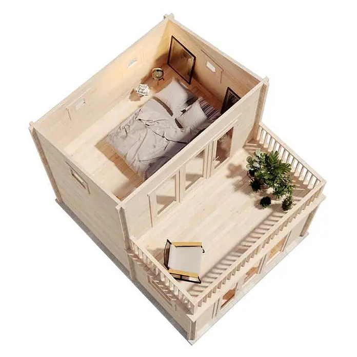 Alpholz Gartenhaus Manhattan - Außenmaß inkl. Dachüberstand (B x T): 400 x 510 cm, Holz, Naturbelassen - Modell eines hellen Holz-Miniaturhauses mit offenem Schlafzimmer und Balkon, möbliert mit Stuhl und Pflanzen.