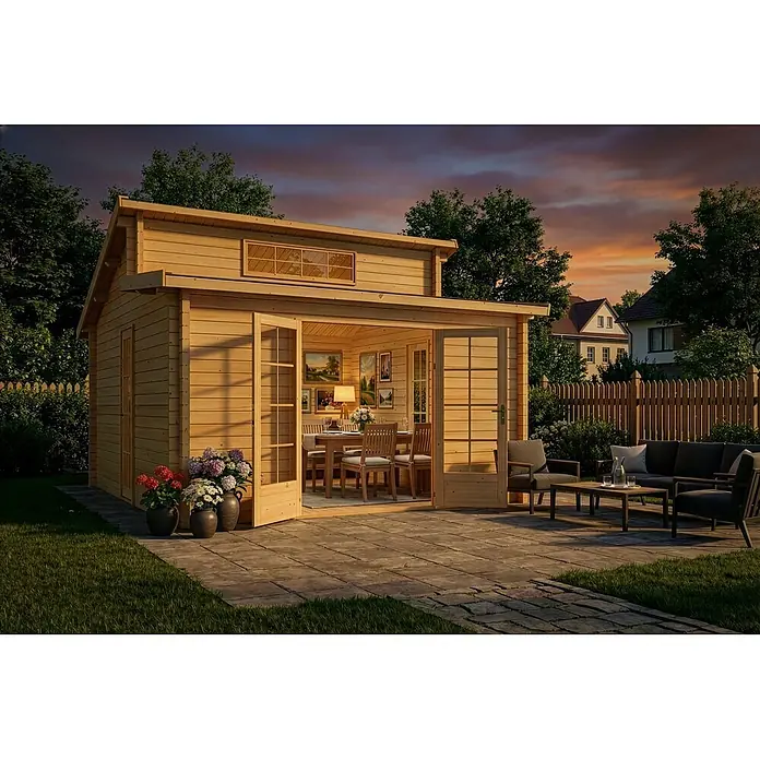 Alpholz Gartenhaus Lausitz - Außenmaß inkl. Dachüberstand (B x T): 440 x 440 cm, Holz, Naturbelassen - Eine helle Holzhütte mit offenen Türen, die einen Esstisch im Inneren und eine Terrasse mit Loungemöbeln unter einem Abendhimmel zeigt.