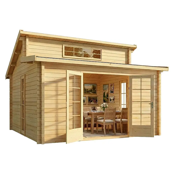 Alpholz Gartenhaus Lausitz - Außenmaß inkl. Dachüberstand (B x T): 440 x 440 cm, Holz, Naturbelassen - Helles Gartenhaus aus Holz mit offenen Doppeltüren, das einen Essbereich und ein Oberlicht zeigt.