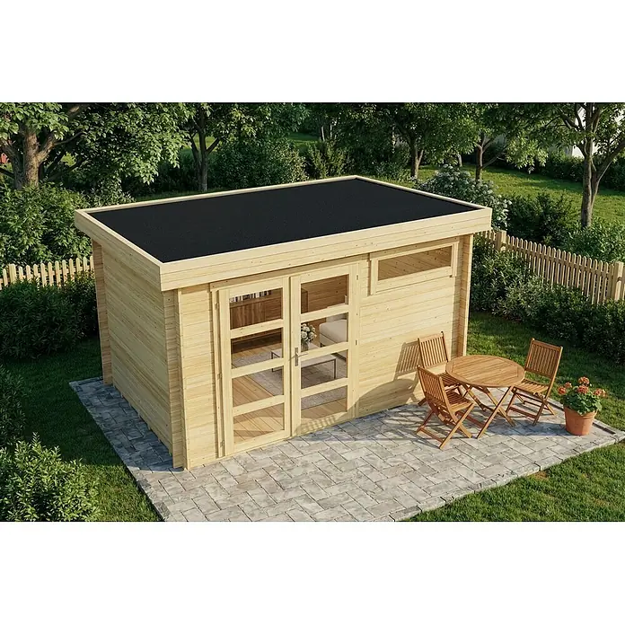 Alpholz Gartenhaus ECO Set Leandro - Außenmaß inkl. Dachüberstand (B x T): 394 x 268 cm, Holz, Naturbelassen - Gartenhaus aus Naturholz mit schwarzem Dach auf gepflasterter Fläche im Garten, mit Gartenmöbeln.