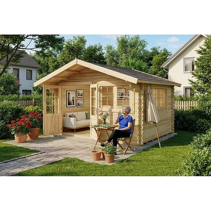 Alpholz Gartenhaus ECO Set Gabriel 400 x 300 cm - Außenmaß inkl. Dachüberstand (B x T): 438 x 367 cm, Holz, Naturbelassen - Helles Holzgartenhaus mit dunklem Dach in einer Gartenumgebung, eine Frau entspannt davor.